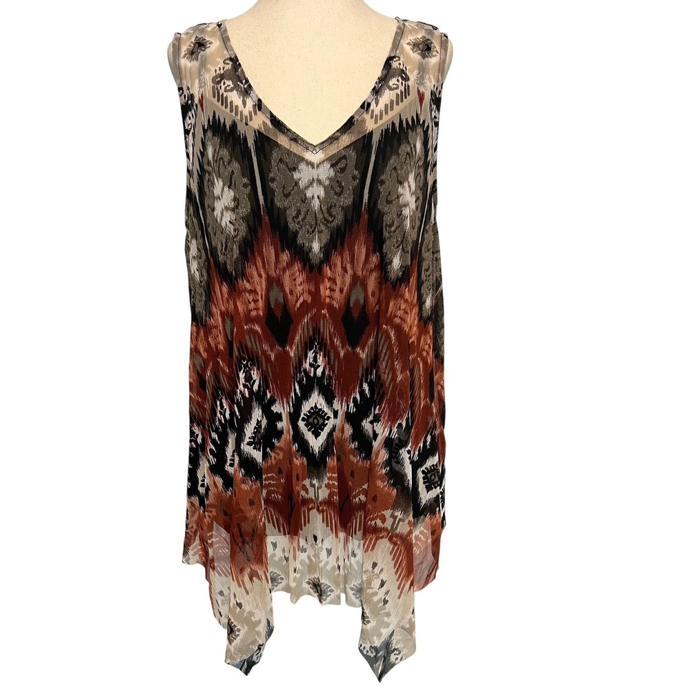 INC International Concepts XL Boho Earthy Mesh Tank Top Rust Ikat Hanky Hem